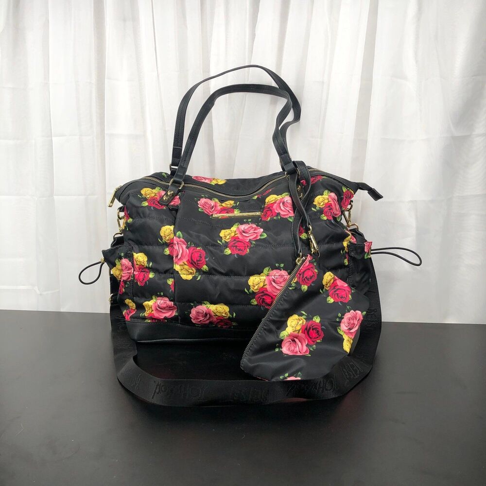 Betsey Johnson Floral Tote Weekender Set Travel Bag 3 pc Cosmetic & Wallet